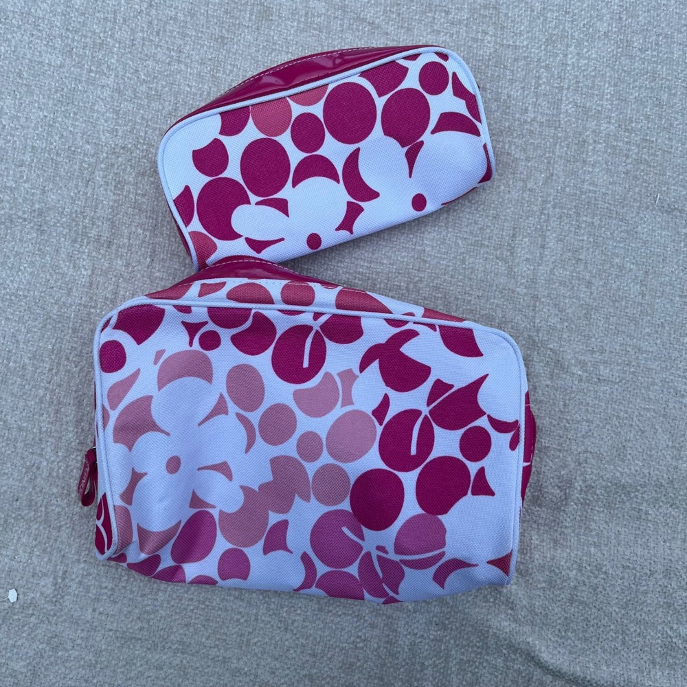 Clinique 2 Piece Makeup Bag Set Pink White Floral Polka Dot Cosmetic Travel Pouc